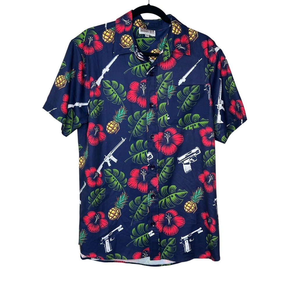 Springfield Armory Shirt Large Blue Tactical Floral Pineapple Gun Print Hawaiian